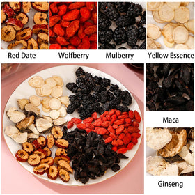 Raipult Ginseng Six Treasure Tea dates and goji illustration for balanced flavor.