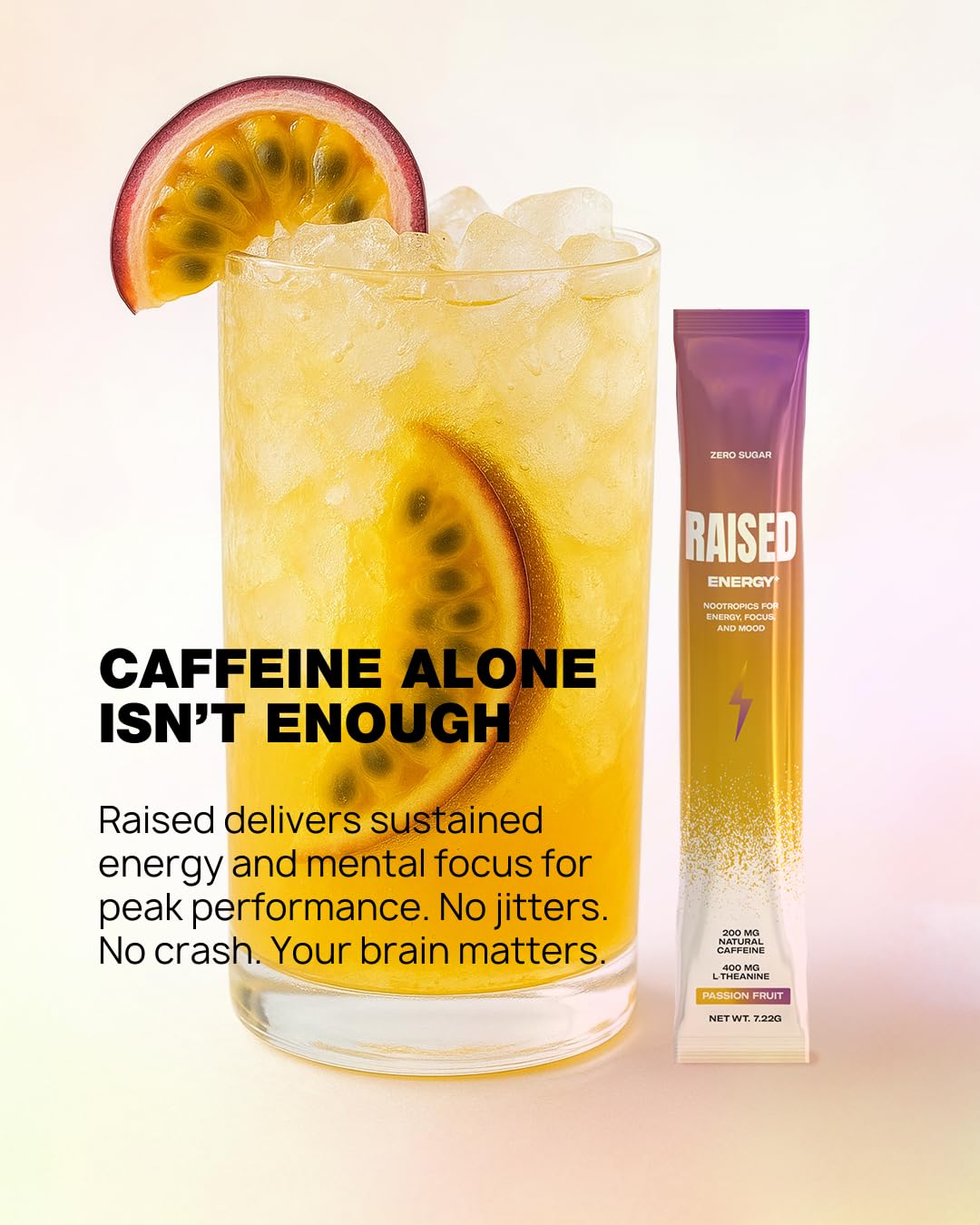 Raised Energy+ mix dissolving in water with ice.