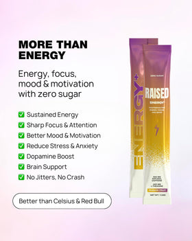 Raised Energy+ packaging on a desk for on-the-go productivity.