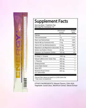 Raised Energy+ prepared drink in a glass showing passion fruit flavor for focus.