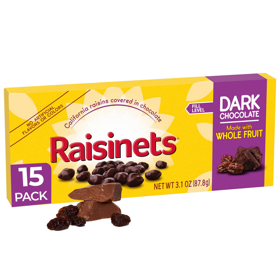 Raisinets dark chocolate covered raisins in a 3.1 oz box, perfect for movie nights