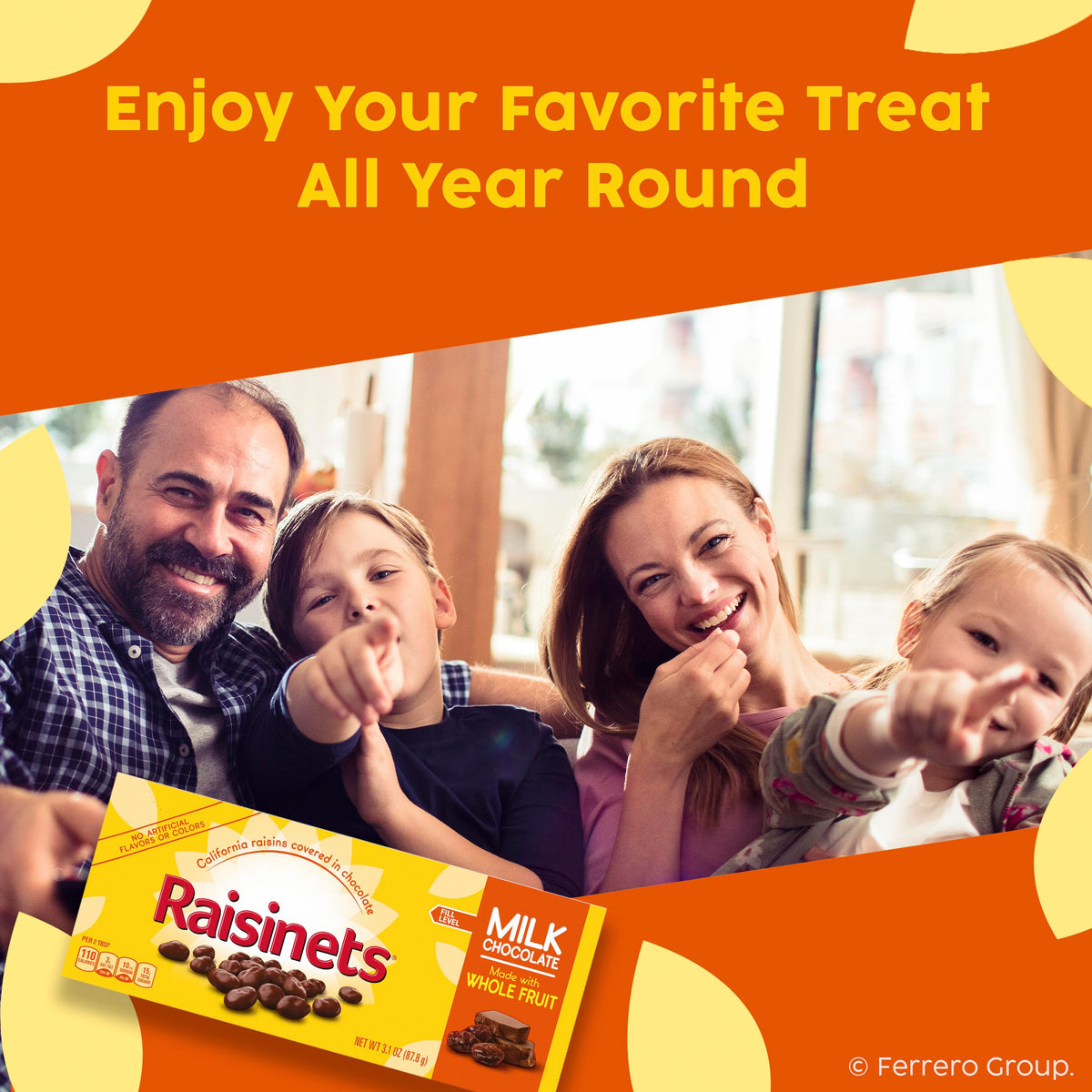 Raisinets gluten-free packaging label highlights a gluten-free snack option.