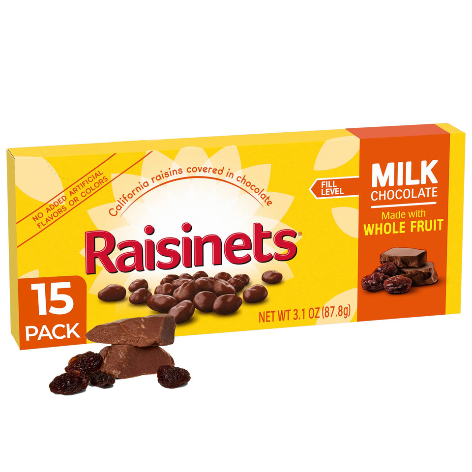 Raisinets milk chocolate covered raisins box, ideal for movie nights.