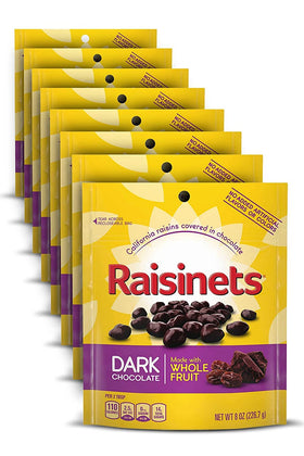 Raisinets bag front showcasing dark chocolate raisins for a movie night treat.