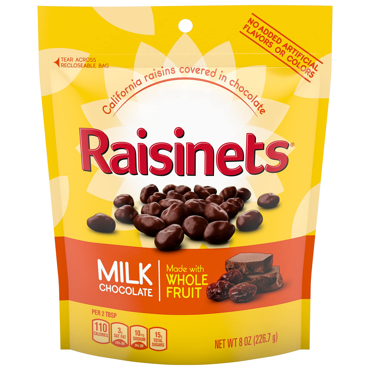 Raisinets milk chocolate covered California raisins in an 8oz bag for easy snacking.