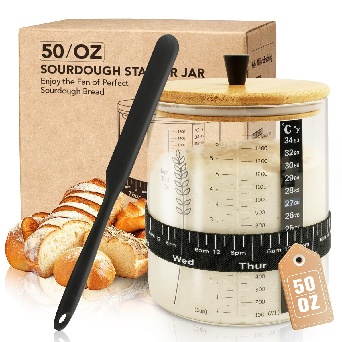 Rakovar 50oz sourdough jar with wide mouth for easy mixing and feeding.
