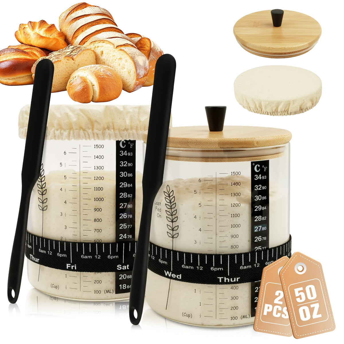 Rakovar 50oz sourdough starter jar with wide mouth for easy stirring and feeding