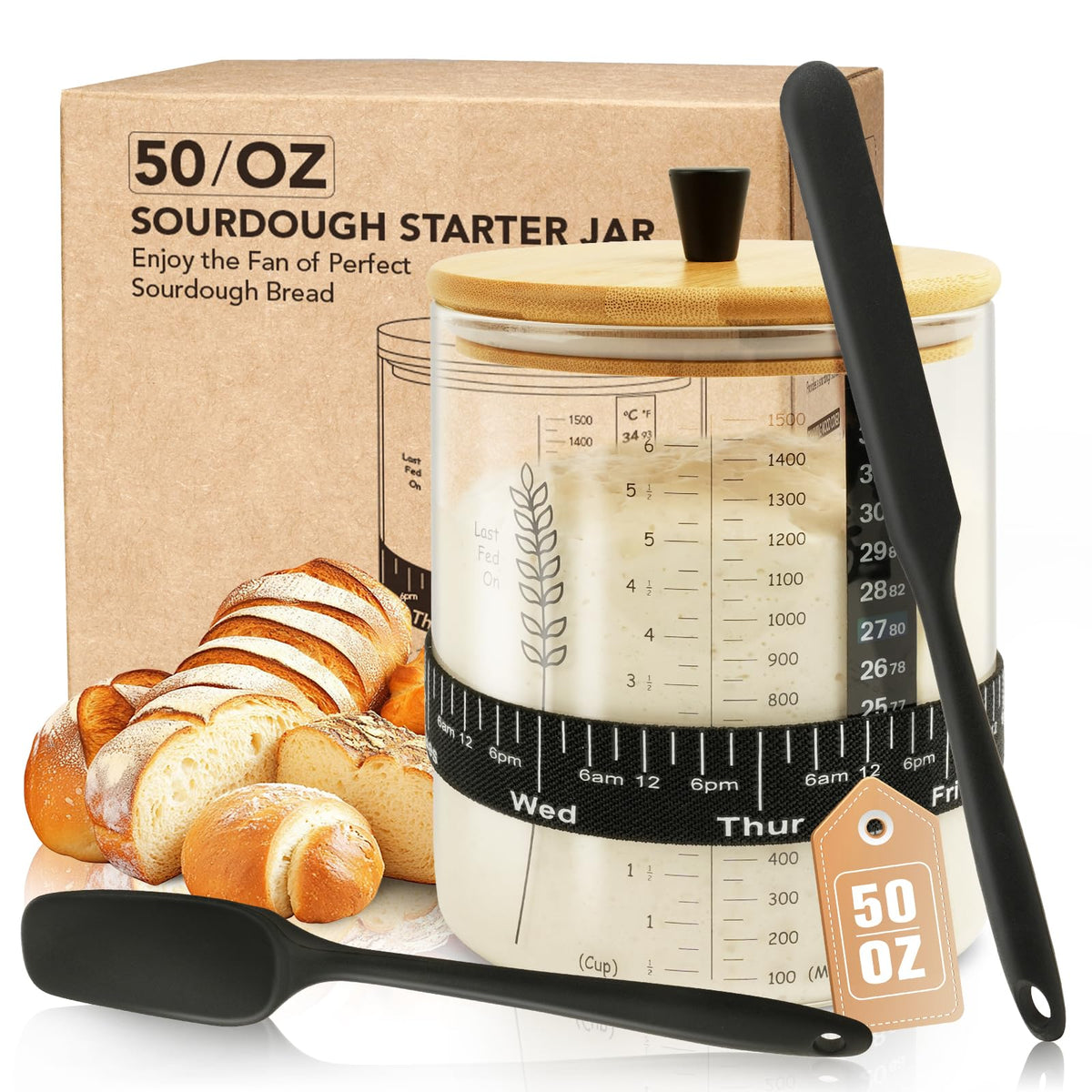 Rakovar 50oz sourdough starter jar with large capacity for multiple loaves