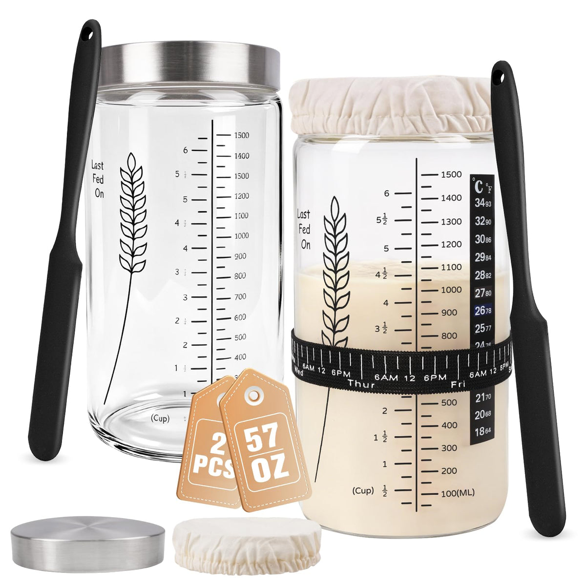 Rakovar sourdough starter jars two-pack with 57oz capacity for multiple loaves.