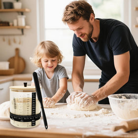 Rakovar sourdough starter kit displayed on a clean kitchen counter.