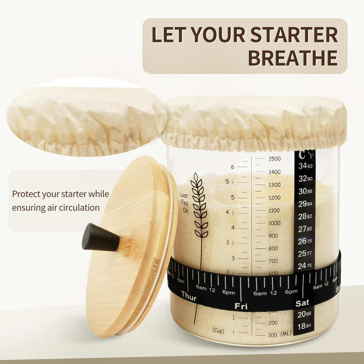 Rakovar starter thermometer inside jar for temperature awareness during fermentation