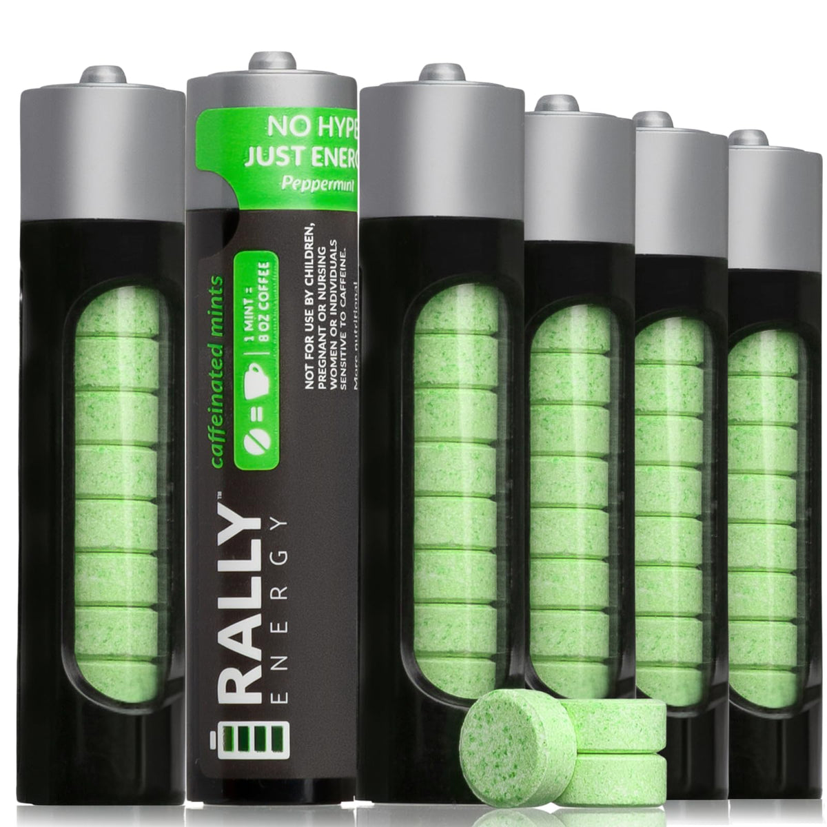 Rally Energy caffeine mint six-pack front view for on-the-go energy and fresh breath.