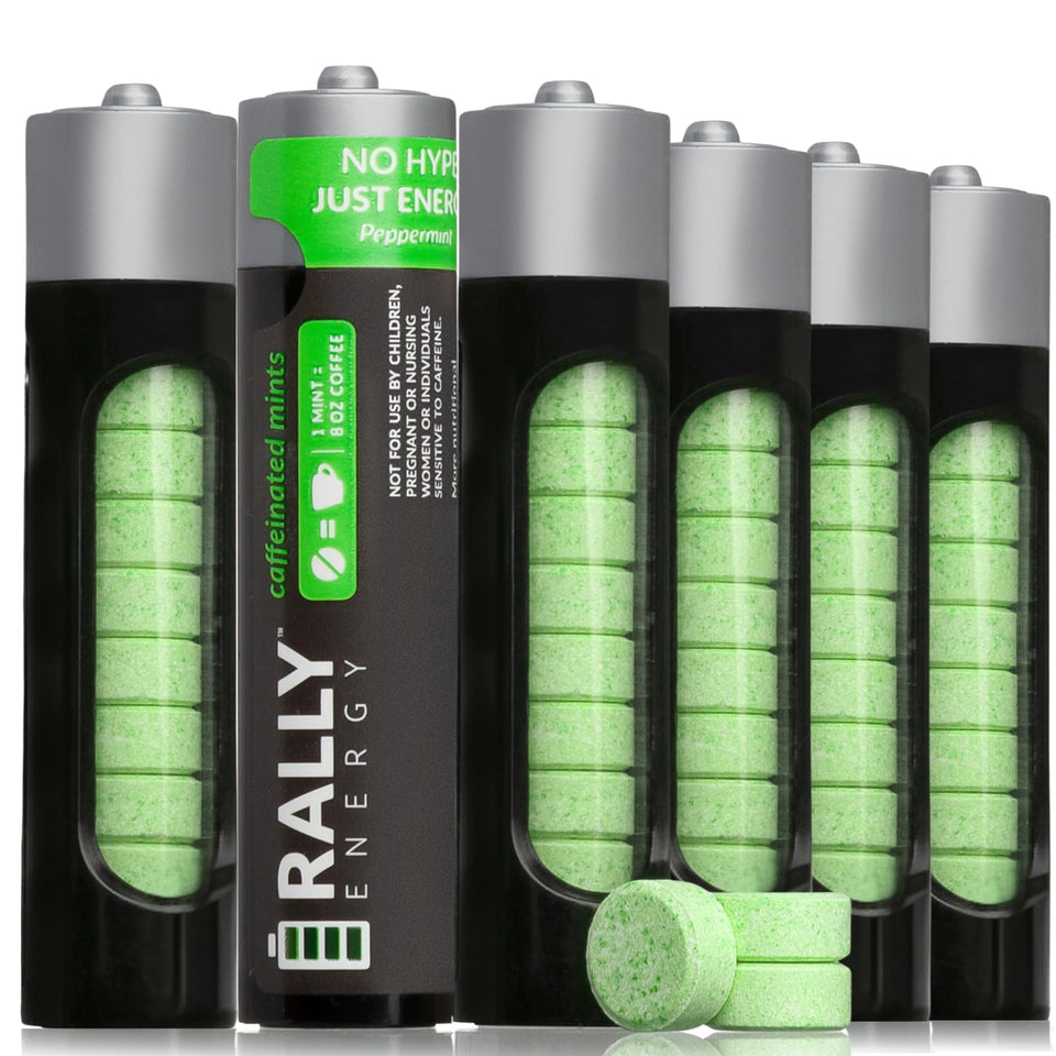 Rally Energy caffeine mint six-pack front view for on-the-go energy and fresh breath.