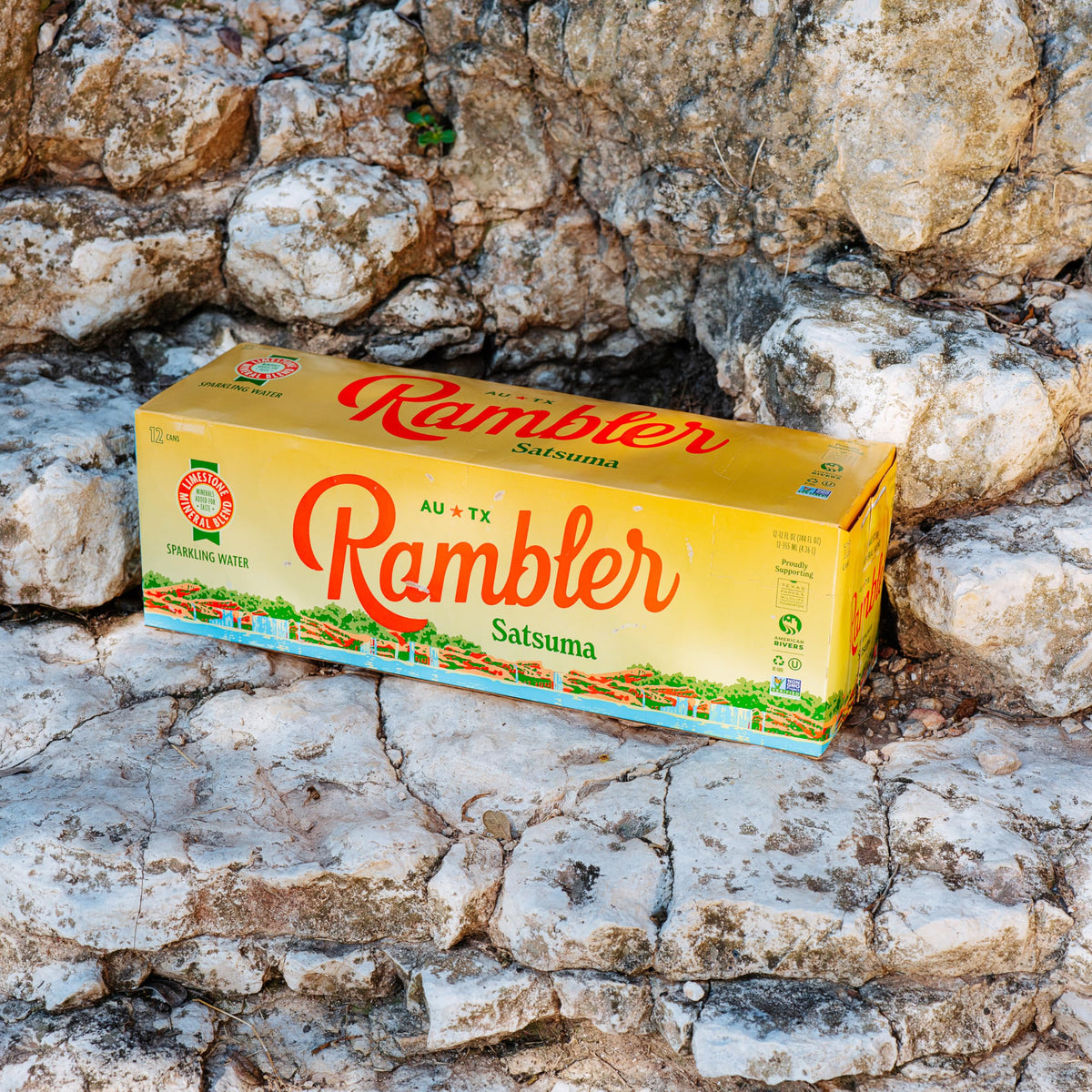 RAMBLER AUTX 12-pack display shows convenience for everyday hydration.