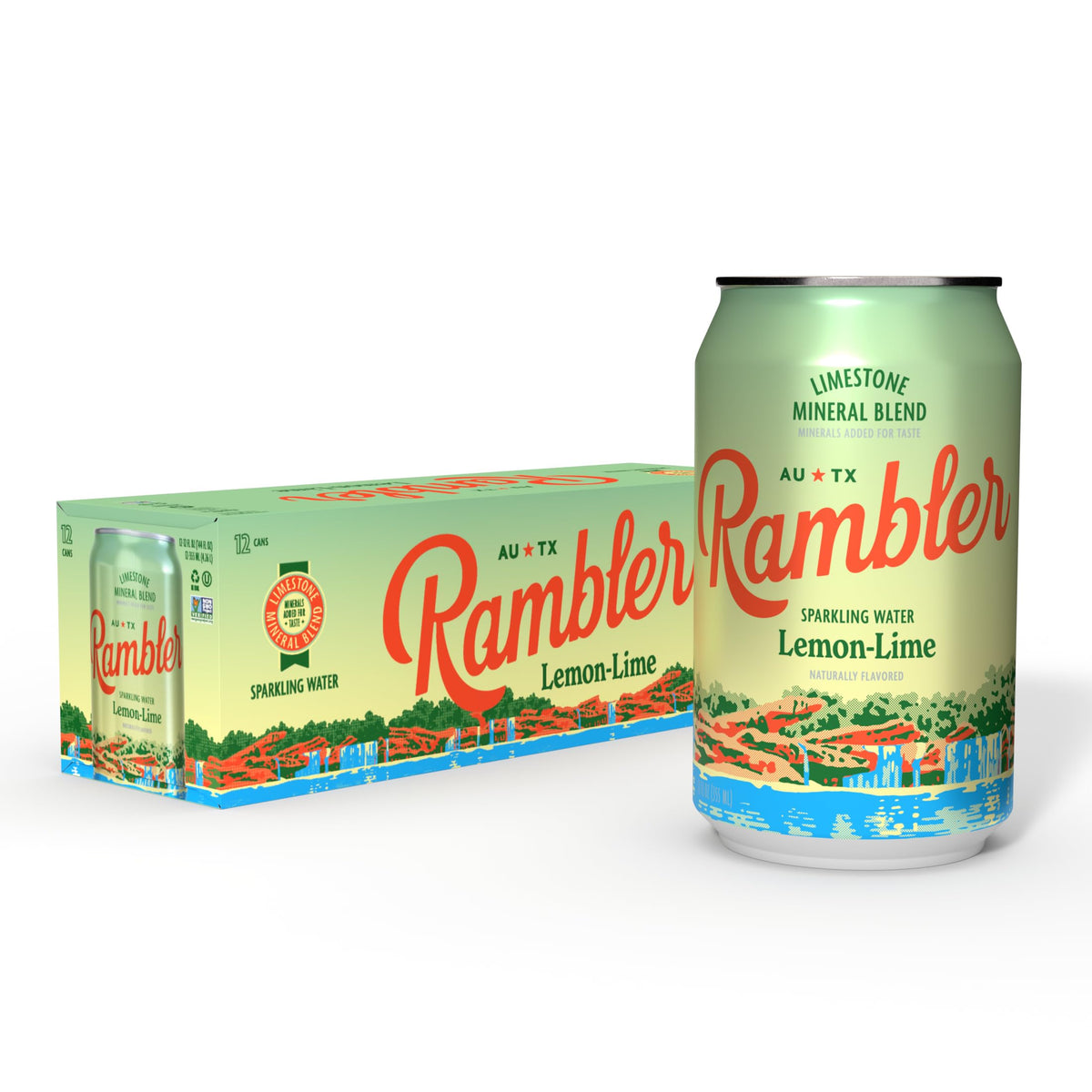 Rambler AUTX sparkling water bottle front showing crisp lemon-lime flavor and refreshment