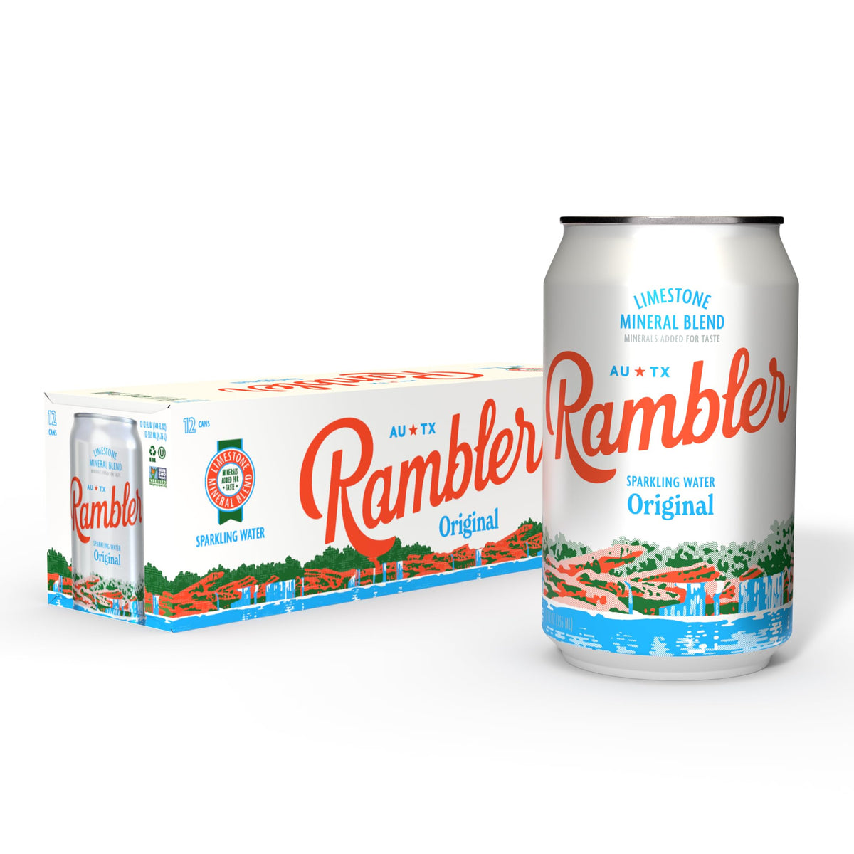 RAMBLER AUTX sparkling water bottle pour shows balanced minerals for refreshing hydration