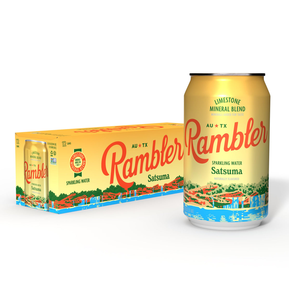 RAMBLER AUTX sparkling water can front, balanced minerals for a clean flavor.