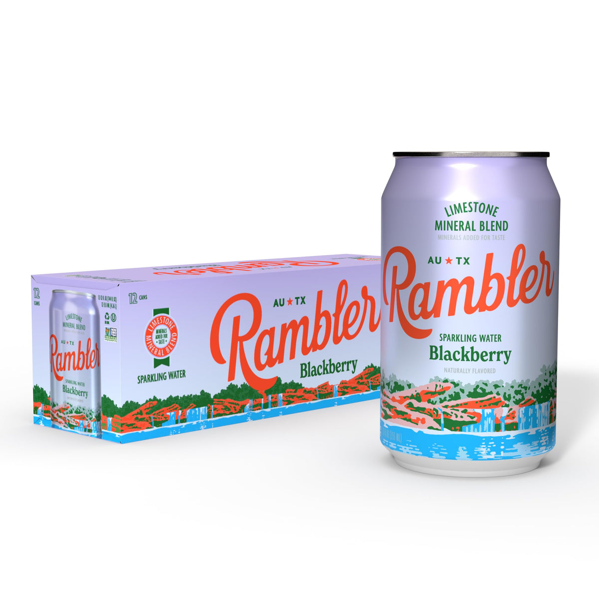 RAMBLER AUTX sparkling water can with crisp taste and mineral balance.