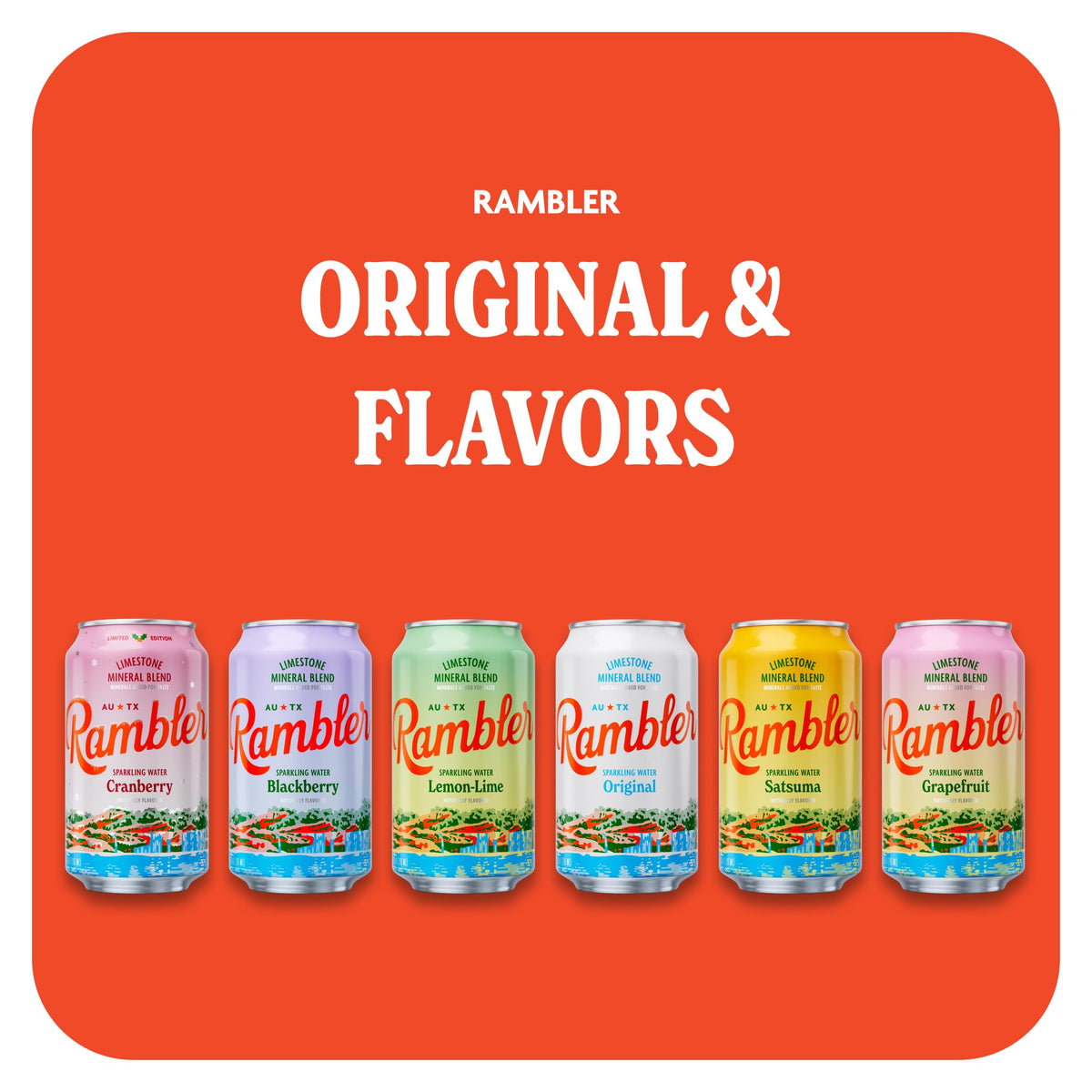 RAMBLER AUTX sparkling water glass bubbles evoke crisp refreshing texture.