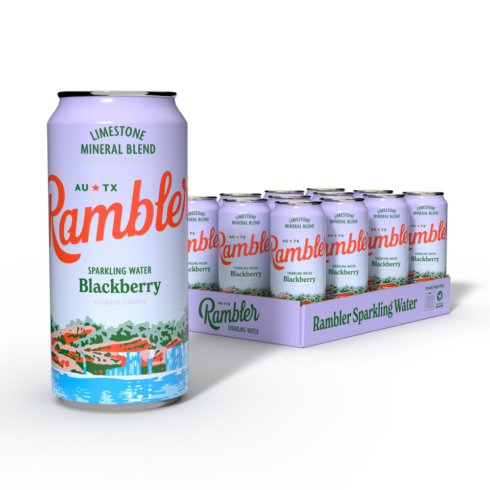 Rambler AUTX sparkling water tallboy can with Texas limestone blend for a crisp, refreshing sip.