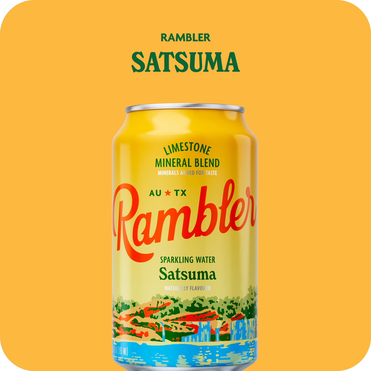 RAMBLER AUTX water bottle label highlights mineral-rich base for a clean taste.