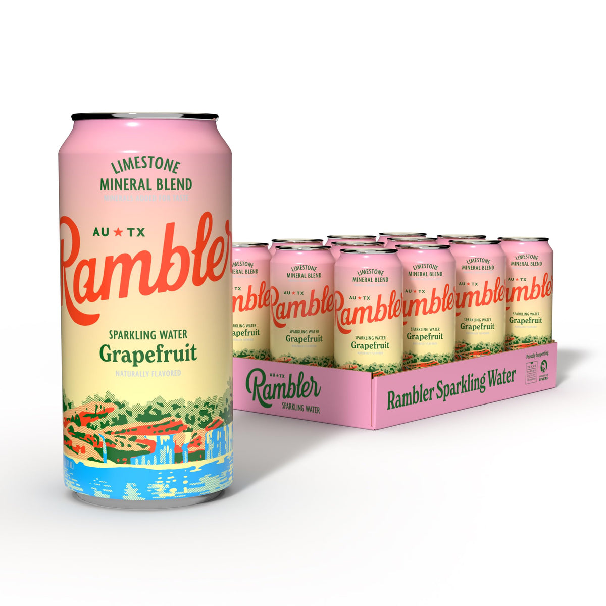 RAMBLER sparkling water bottle with grapefruit flavor for a refreshing sip.