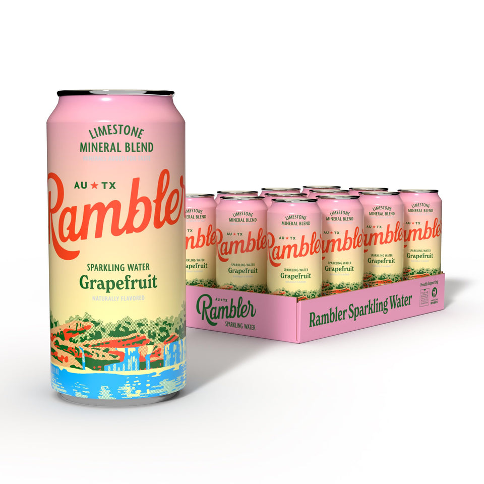 RAMBLER sparkling water bottle with grapefruit flavor for a refreshing sip.