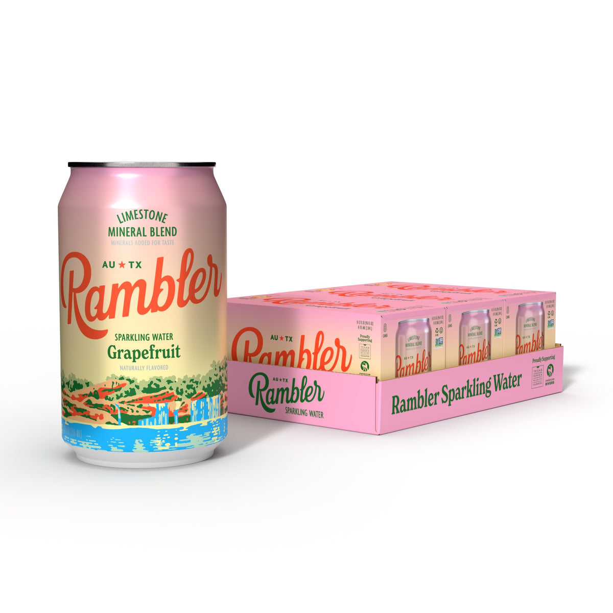 RAMBLER sparkling water bottle pour with mineral-balanced taste.