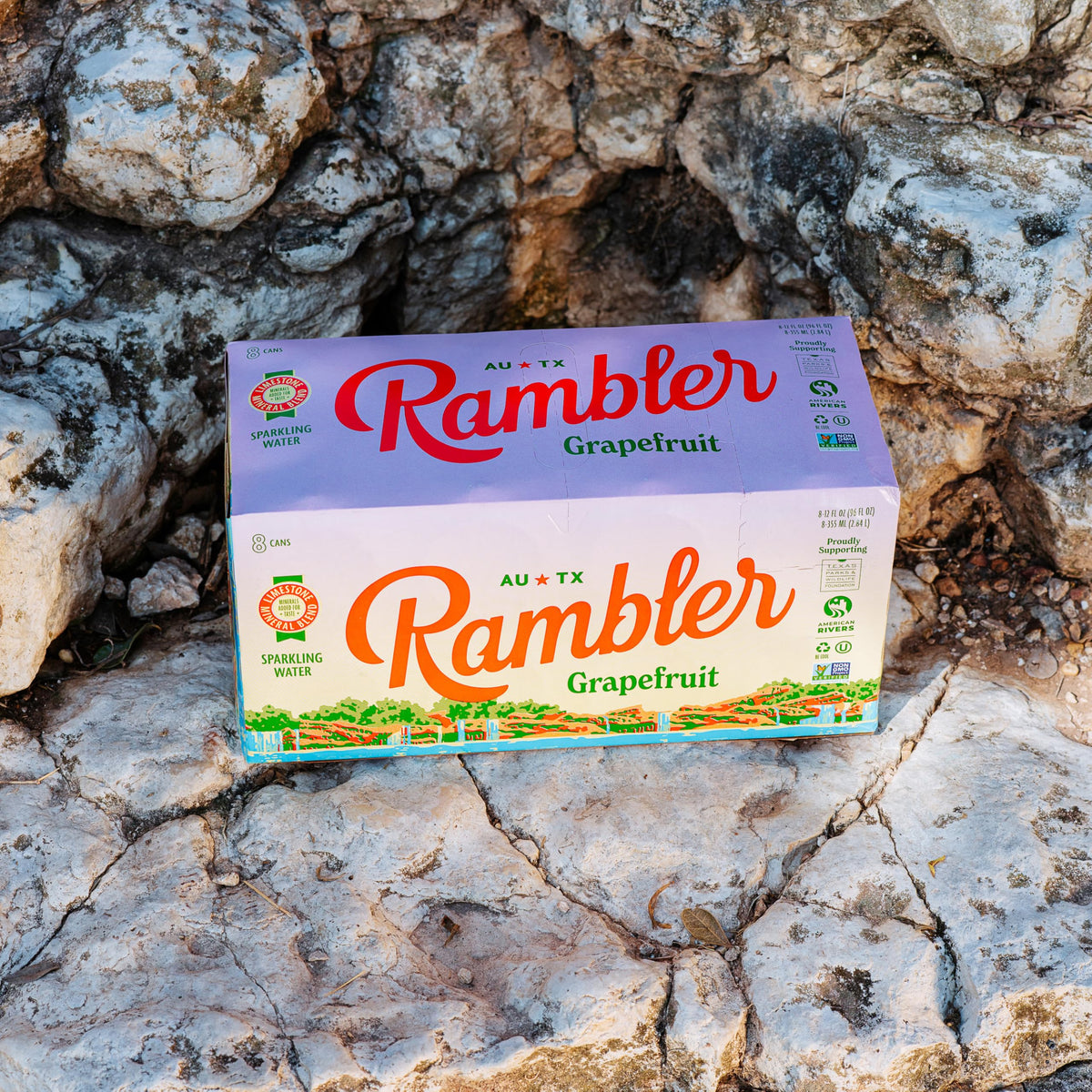 RAMBLER three eight-packs of 12 oz cans arranged for easy bulk.