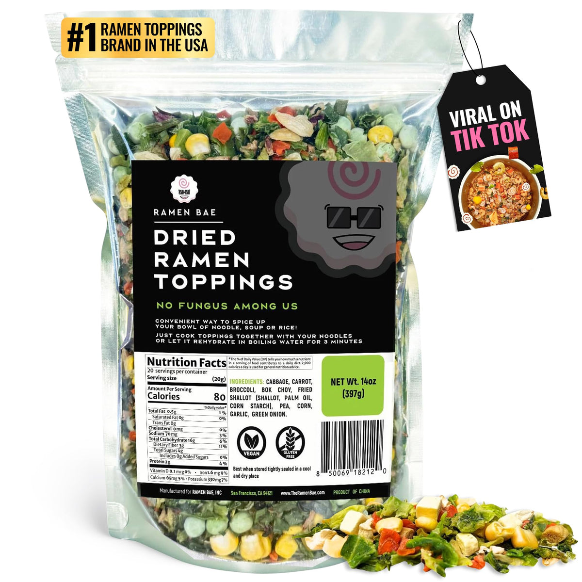 Ramen Bae No Fungus Among Us mix packaging shows a convenient, mushroom-free topping.