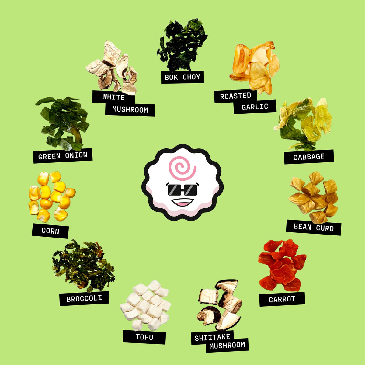 Ramen Bae Veggie Mix bag nutrition label highlights low fat and low sodium.