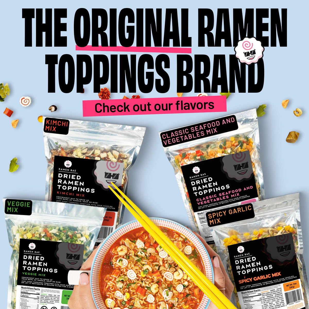 Ramen Bae Veggie Mix prep scene shows easy 3-minute simmer.