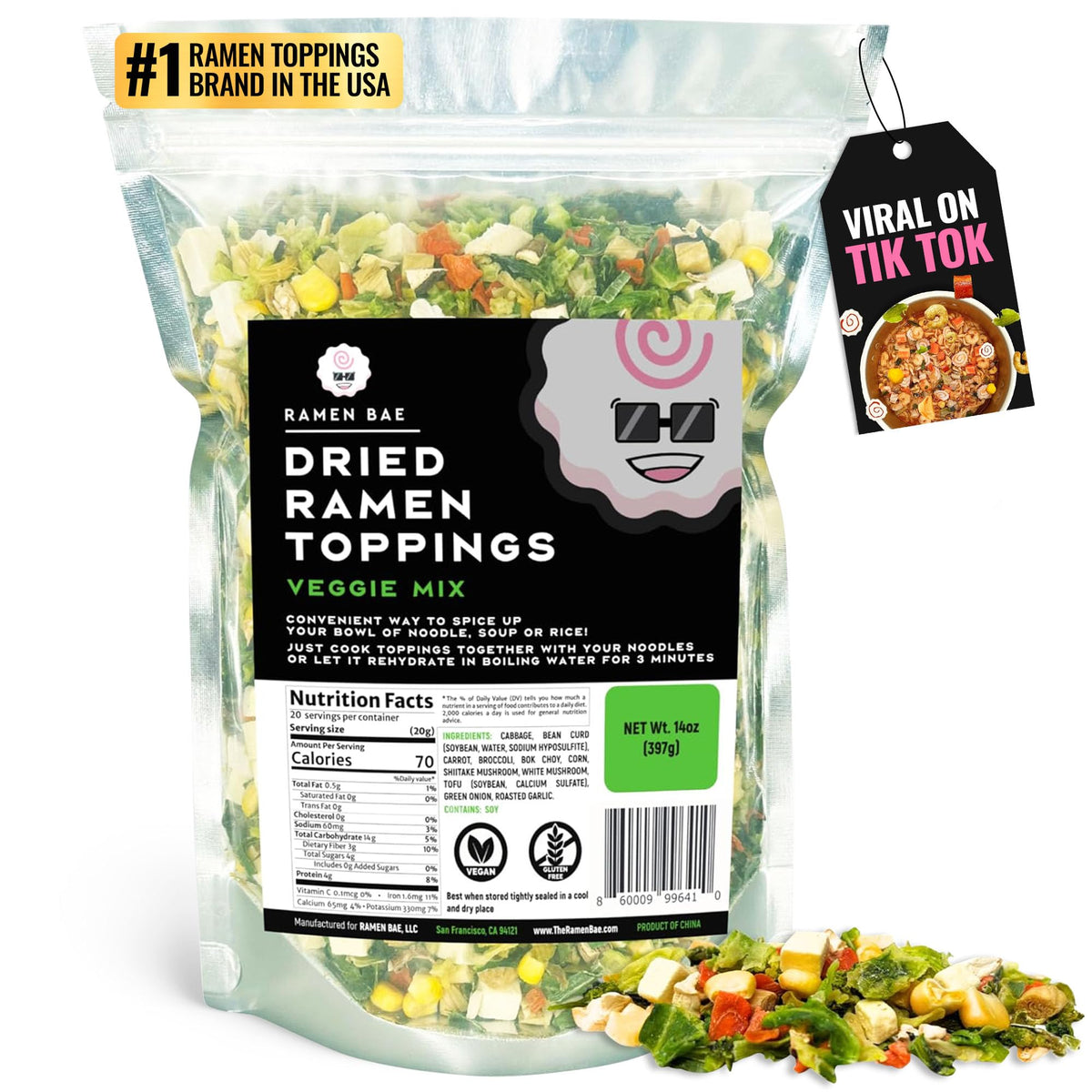 Ramen Bae Veggie Mix pack front view showing colorful toppings for quick noodles.