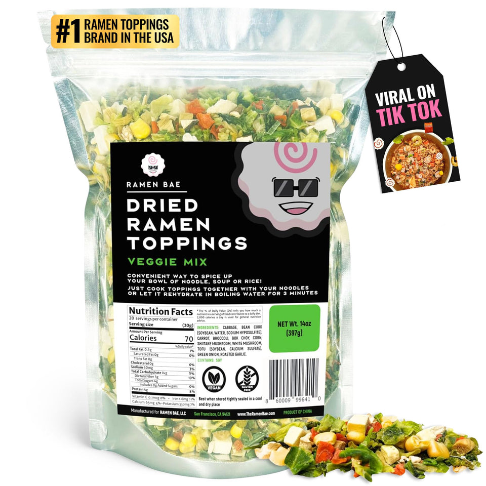 Ramen Bae Veggie Mix pack front view showing colorful toppings for quick noodles.