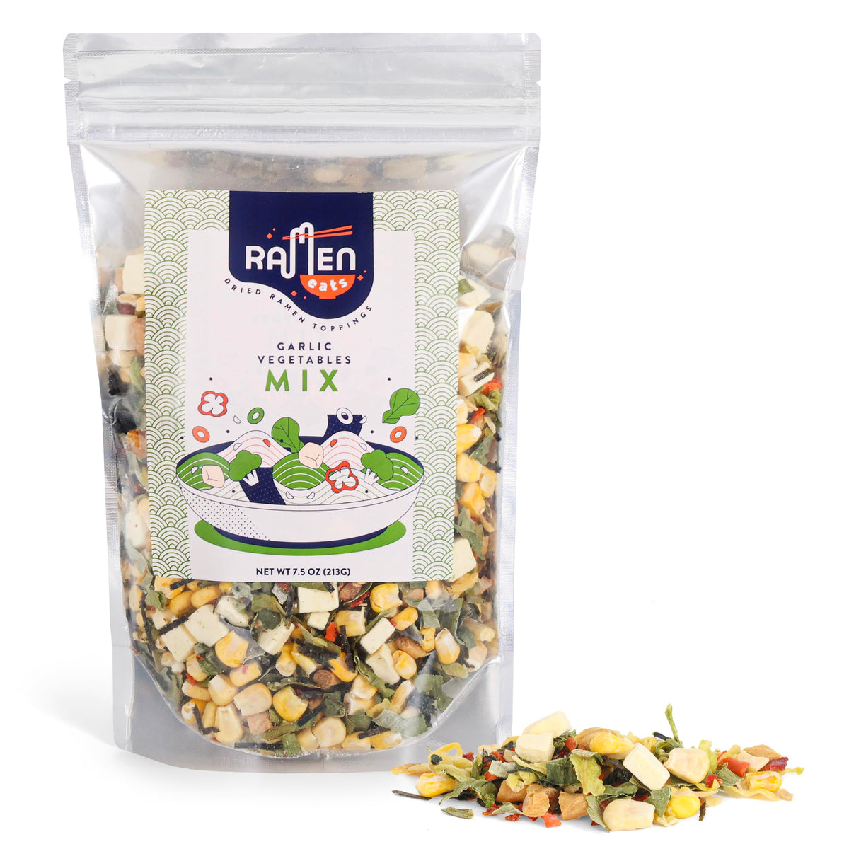 Ramen Eats garlic and tofu vegetables topping pack front view showing vibrant veggie blend for ramen