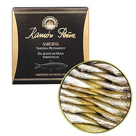 Ramon Pena sardines in olive oil can on shelf, ready-to-serve protein for quick meals.