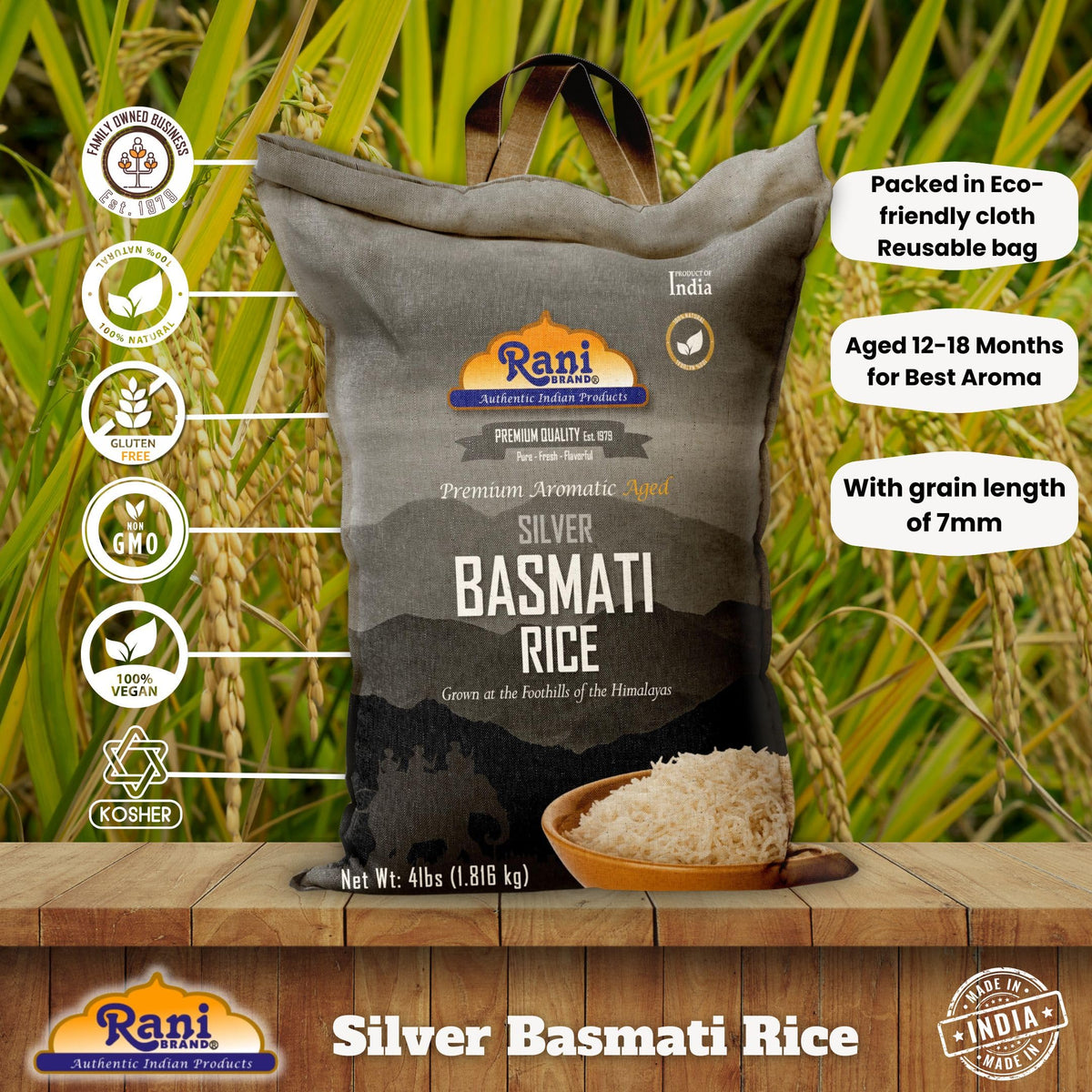 Rani rice in eco-friendly reusable bag, Indian origin quality