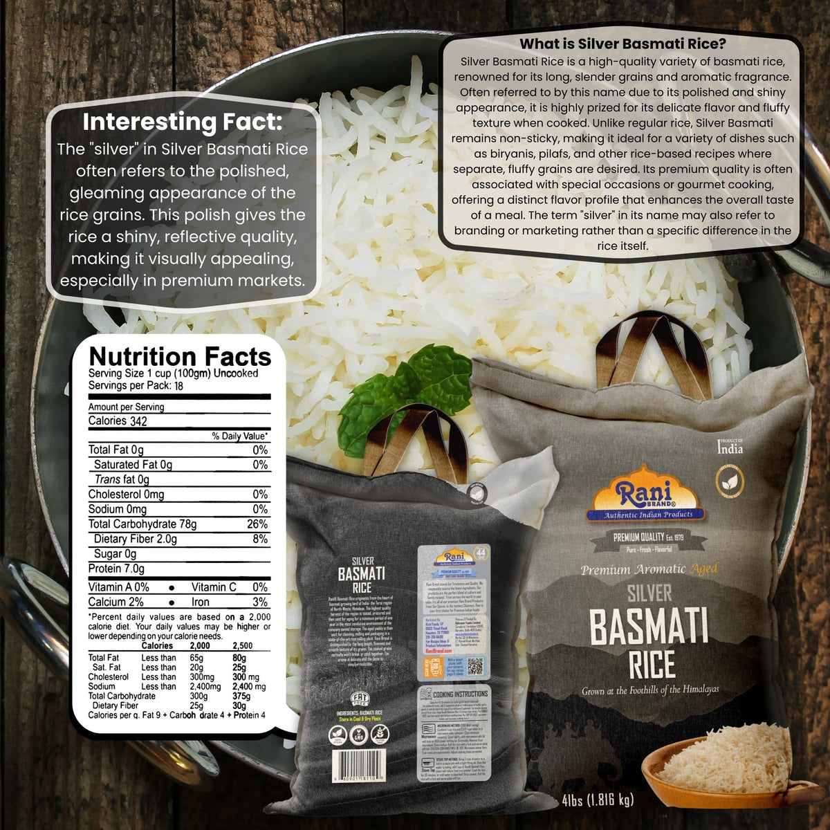 Rani aged Basmati rice with 7mm grains, premium texture