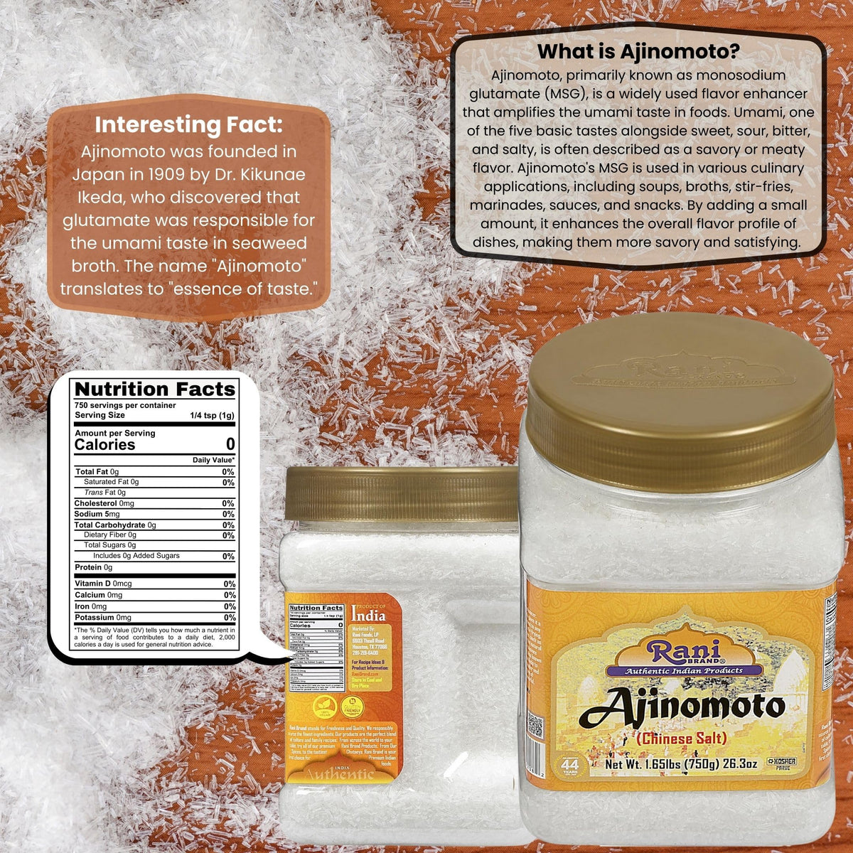 Rani Ajinomoto label close up shows kosher vegan options