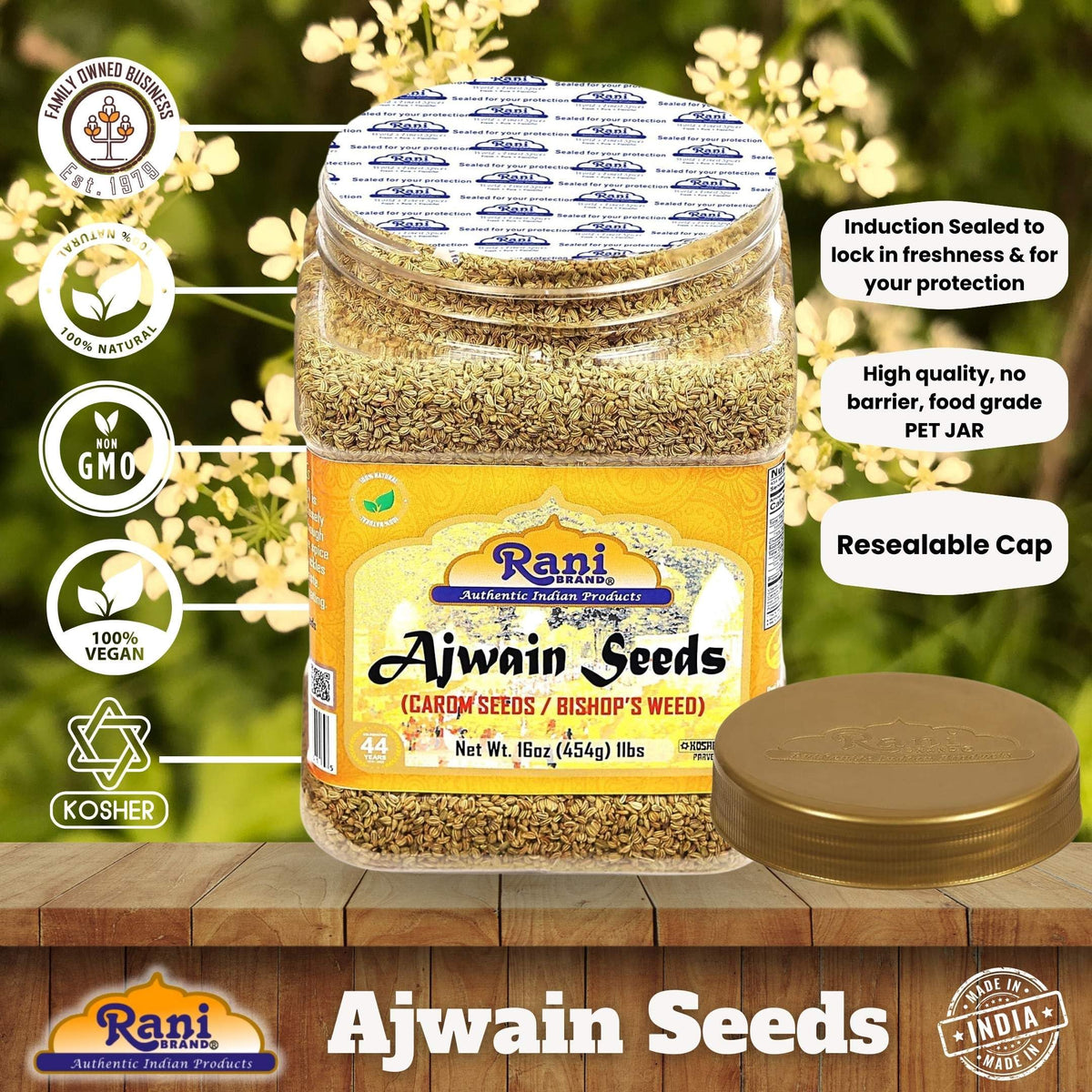 Rani Ajwain seeds on spice rack for quick kitchen access