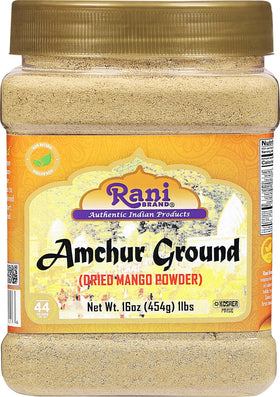 Rani Amchur mango powder jar shows authentic Indian flavor for tangy dishes.