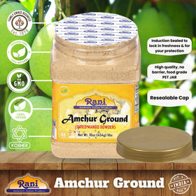 Rani Amchur mango powder pouring into a pan signals quick flavor boost.