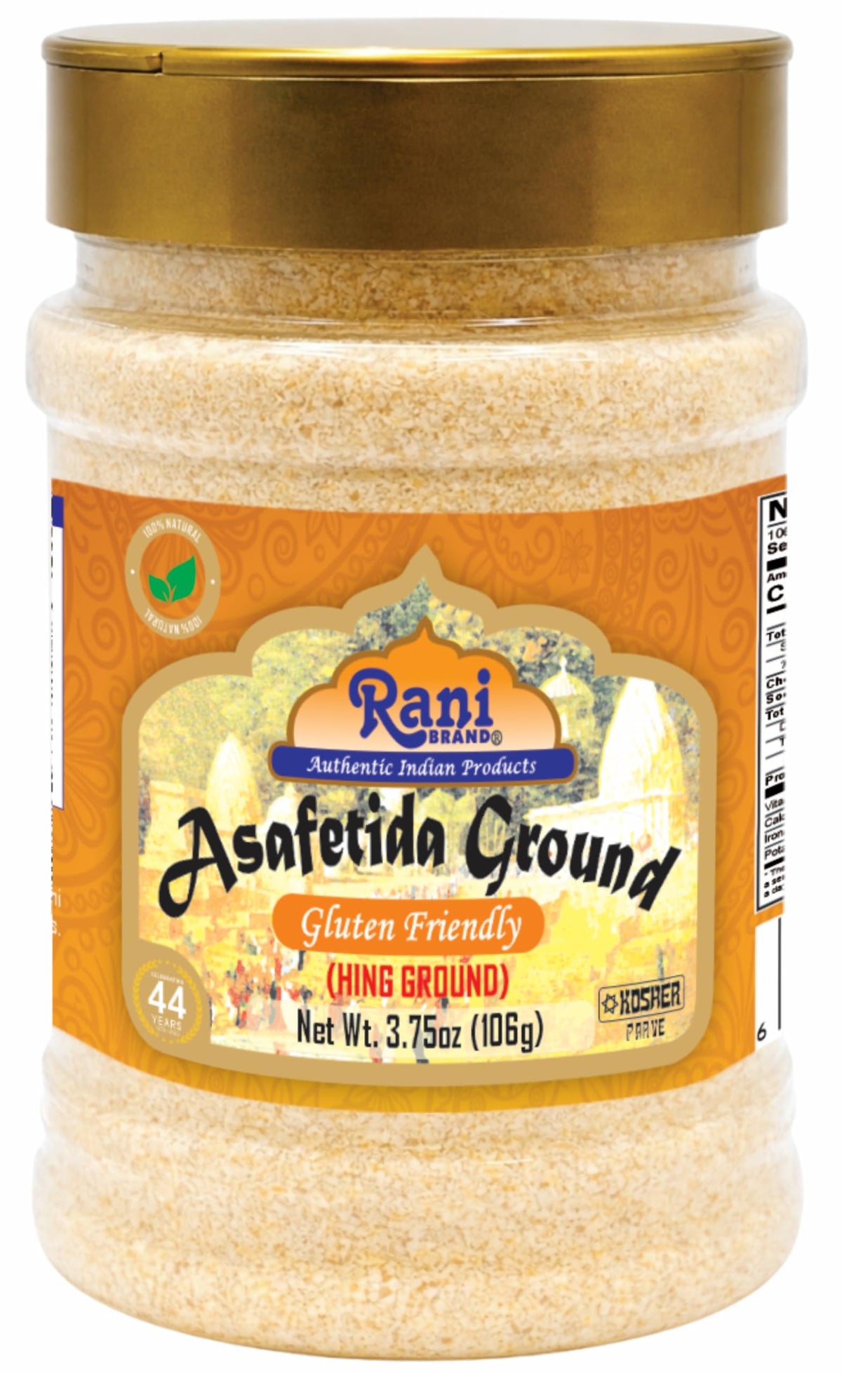 Closeup of Rani Asafetida Ground jar showing authentic spice, ideal for onion-garlic substitutes.
