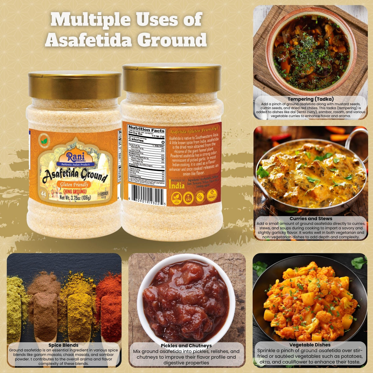 Front label of Rani Asafetida Ground highlights gluten-free, vegan, and non-GMO attributes.