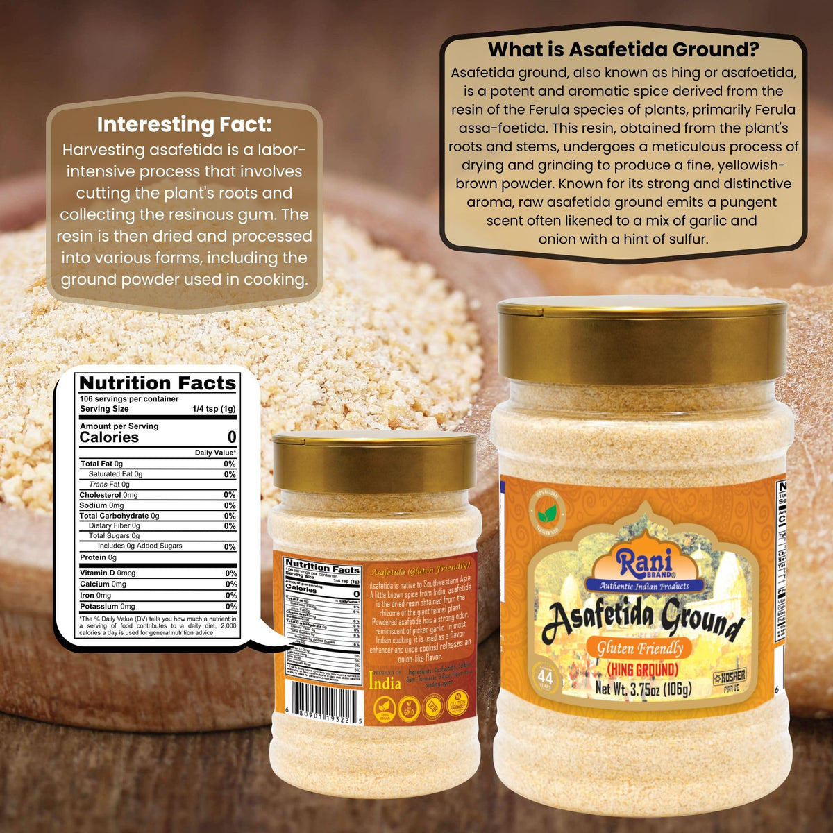 Pouring Rani Asafetida Ground into a pan releases aroma for flavorful bases.