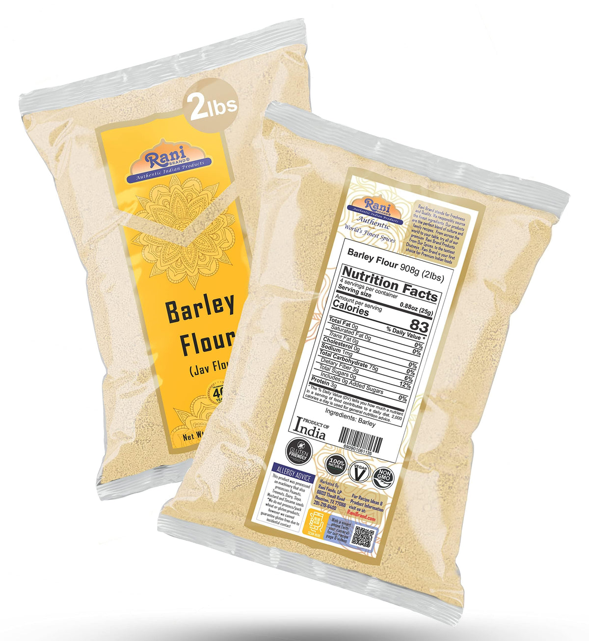 Ingredient label shows Kosher and Non-GMO on Rani Barley Flour Jav.