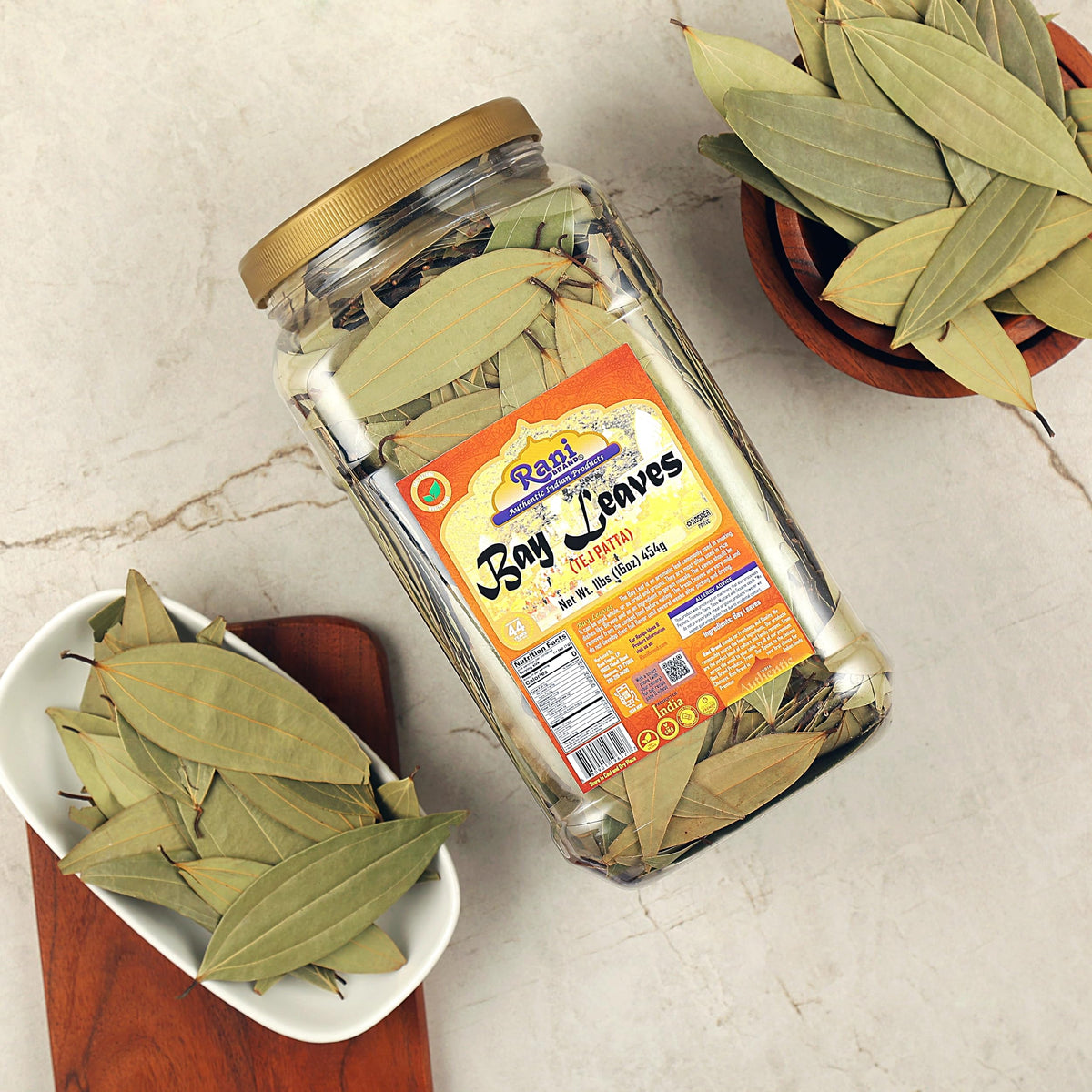 Rani Bay Leaf bulk jar in kitchen setup for easy cooking