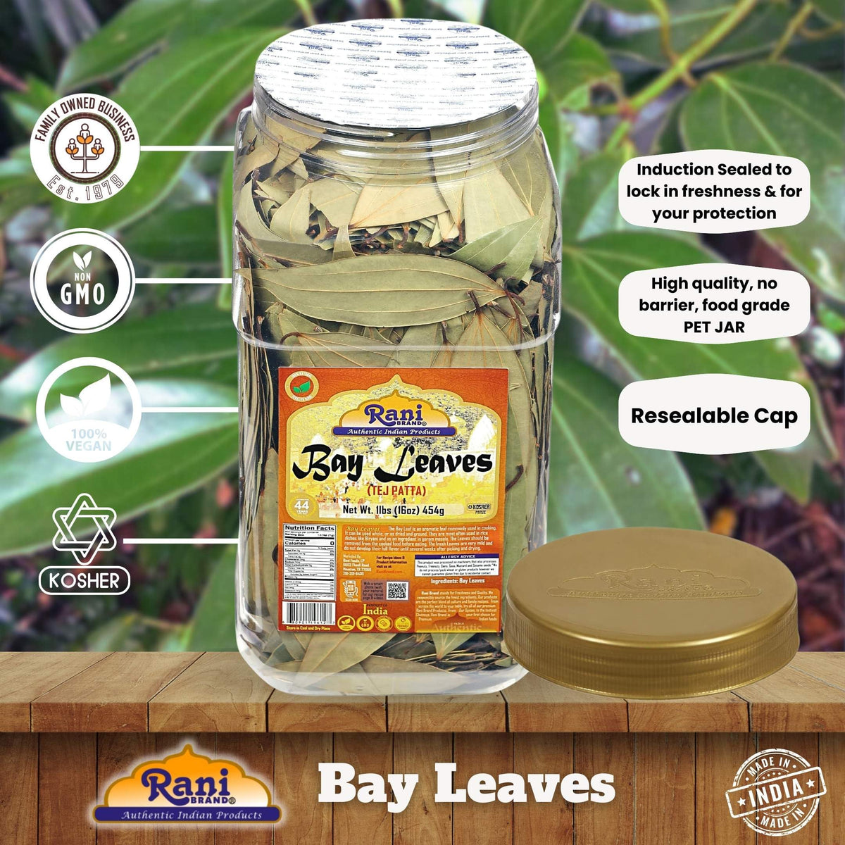 Rani Bay Leaf jar open to reveal whole leaves in spice
