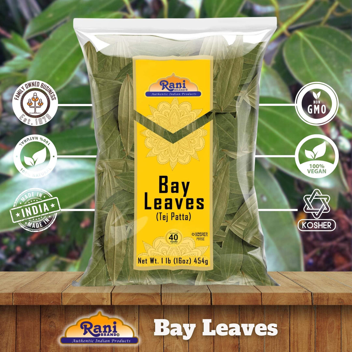 Rani Bay Leaf packaging indicates no fillers and premium quality.