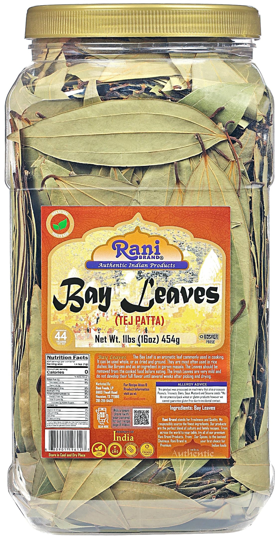 Rani Bay Leaf Whole in extra-large jar for premium Indian flavor